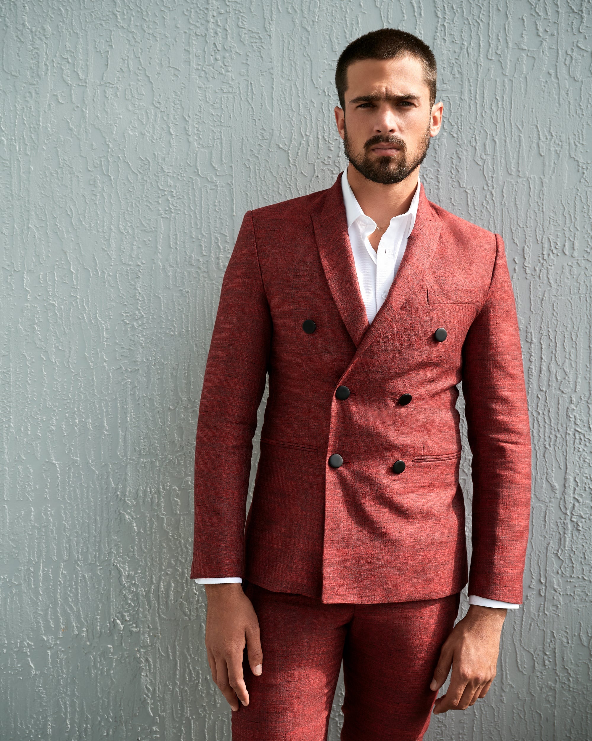 Ruby-Red Double-Breasted Blazer